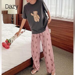 Women's Teddy Bear Print Pajama Set - Gray and Pink